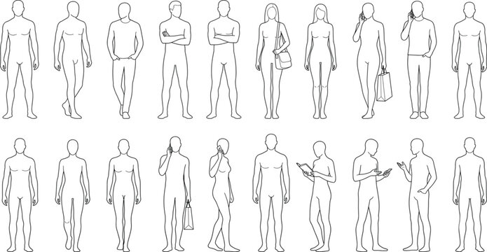 Human Figure Line Art Vector Set Featuring Male and Female Standing Body Reference Character Poses