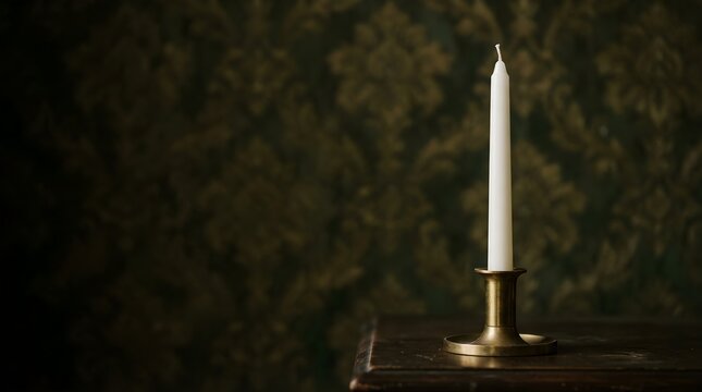 Single white candle in a brass holder on a wooden table against a dark wall