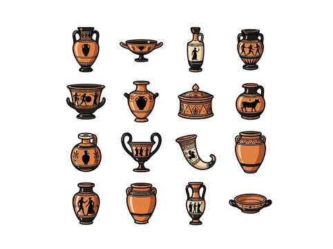 Wide Variety Of Ancient Greek Pottery Icons In Vector Form Such As Amphora, Kylix, Lekythos, Oinochoe, And Rhyton With Black Figure Ceremonial Designs, Vector Illustration