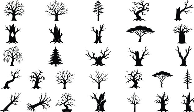 Black silhouette collection of dead and leafless trees isolated on white background for landscape