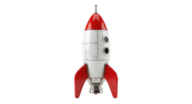 A retro-style red and white rocket ship stands ready for launch against a clean white background, evoking a sense of adventure and exploration.