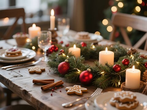 Rustic Christmas Dinner Table Close Up with Festive Decorations and Holiday Dining Setup