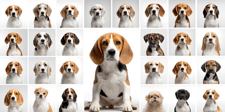 A charming collection of beagle puppies arranged in a grid with a central puppy looking directly at the viewer.