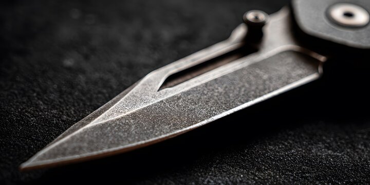Closeup of a folding pocket knife with textured blade and handle details on dark surface