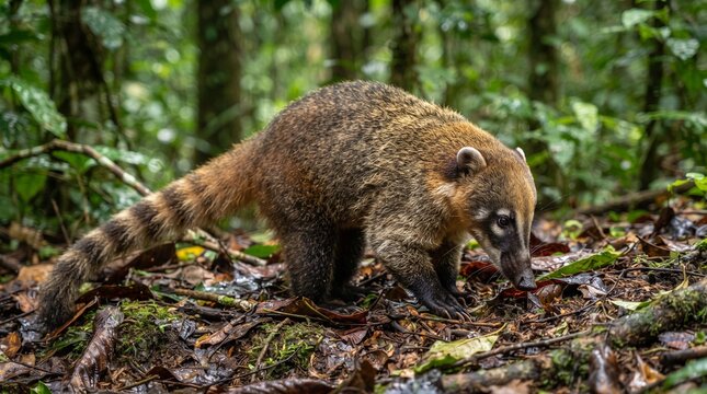 Coati explores the damp forest floor while searching for food among the fallen leaves and lush tropical vegetation.