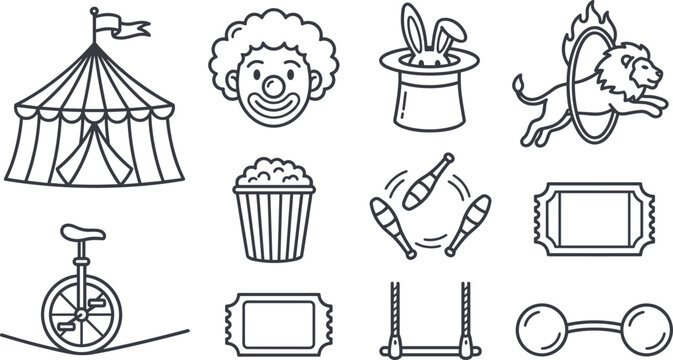 Circus and Carnival Performance Icon Set with Clown Magic Rabbit Lion Jumping Through Fire Hoop Outline Vectors