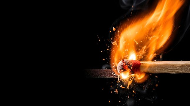 A wooden matchstick igniting with bright flame and sparks on black background