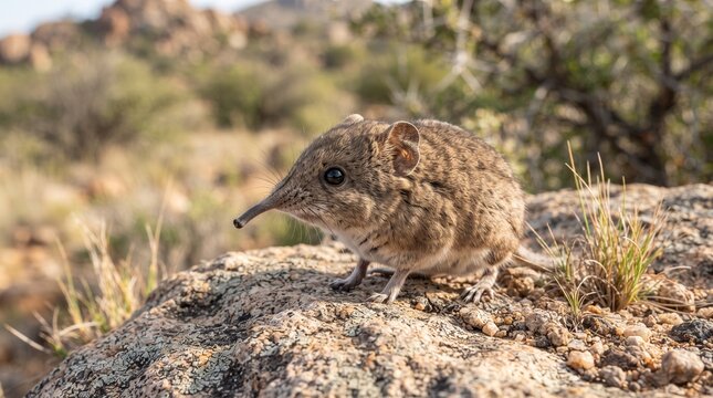 Elephant shrew standing attentively on a sunlit desert rock amidst arid shrubs and distant scrubland.