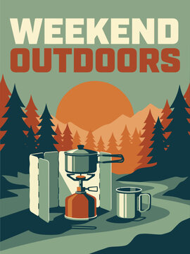 A retro-style illustration capturing a tranquil summer camping moment. Portable stove and pot set up in a forest clearing, mountains and large sun in the background. Features ample copy space.