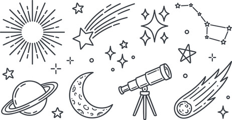 Astronomy and Outer Space Doodle Element Set with Telescope Planet Crescent Moon and Comet Line Vectors © REYAD