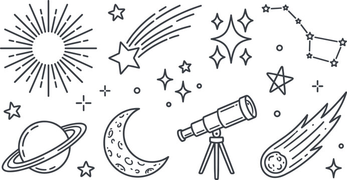 Astronomy and Outer Space Doodle Element Set with Telescope Planet Crescent Moon and Comet Line Vectors