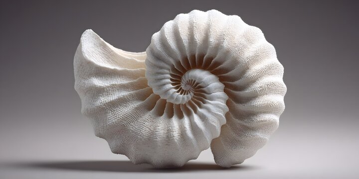 Closeup of a white ammonite fossil shell showing intricate spiral ridges on a smooth gray surface.