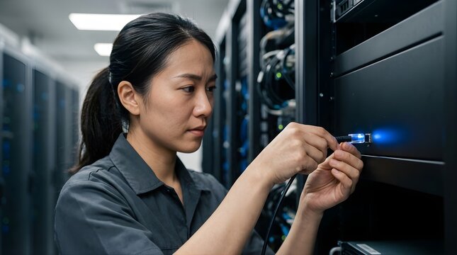 Female IT technician plugging network cable into server in data center