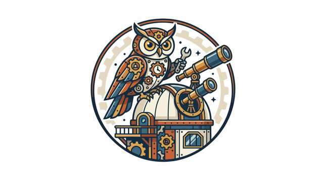 Steampunk Mechanical Owl Emblem with Gears and Observatory Elements