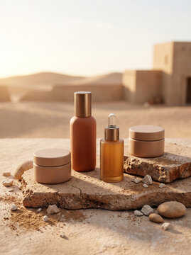 Terracotta cosmetic set mockup on clay stone with desert adobe architecture at golden hour