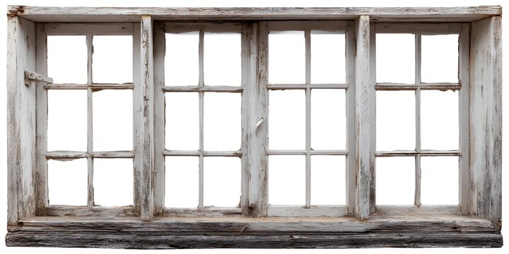 An aged wooden window frame with white peeling paint and multiple panes of glass stands isolated against a white background.