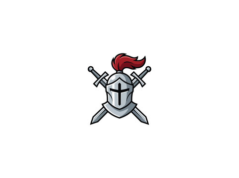 Classic Knight Helmet With Red Feathered Plume And Crossed Swords Emblem In A Heraldic Heraldic Design Vector Illustration
