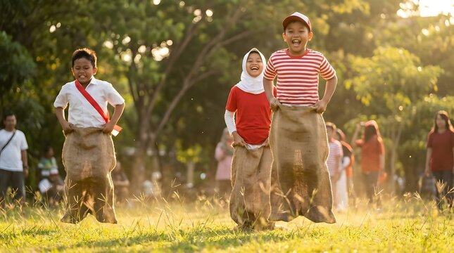 Two boys jumping in sack race