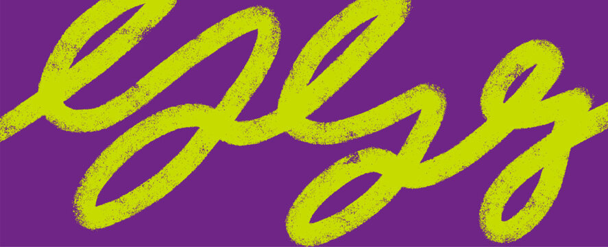Distressed brayer ink roller texture with bright lime green cursive line on dark violet backdrop. Abstract grunge letterpress printmaking vector illustration. Linocut stamp grain overlay background.