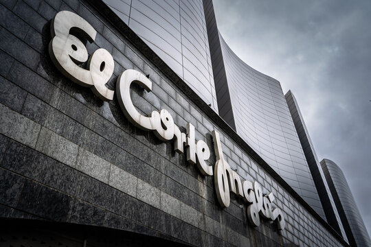 VALENCIA, SPAIN - FEBRUARY 28, 2026: El Corte Ingles logo mounted on the facade of a department store in Valencia, Spain, El corte ingles is spanish chain of department stores and retail supermarkets.