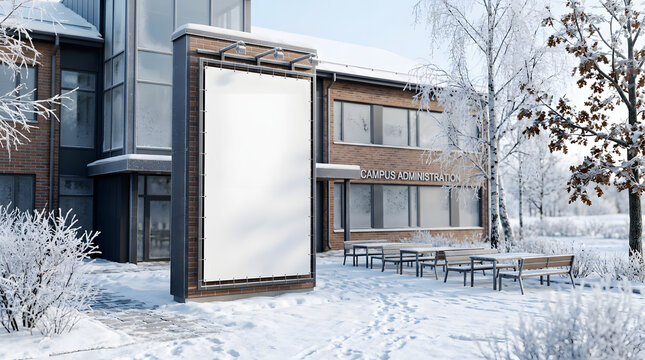 Blank Billboard Mockup on Modern Campus Building in Winter
