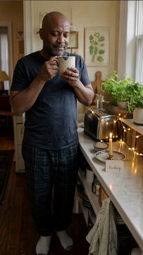 Middle aged Black man in pajamas holding a coffee mug in a cozy kitchen. Morning routine with lit candle and string lights on the counter. Everyday magic and mindful lifestyle concept