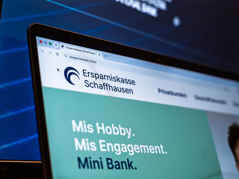 BERN, SWITZERLAND - JUNE 9, 2026: Ersparniskasse Schaffhausen website open on a laptop screen, with the name and page design visible. The company is a Swiss regional savings bank for local customers.