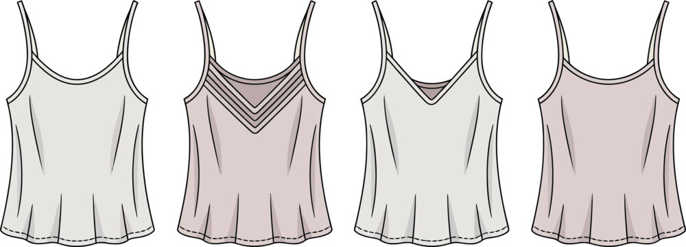 Women's spaghetti strap camisole top collection vector illustration, fashionable sleeveless apparel mockup isolated on white background for fashion design