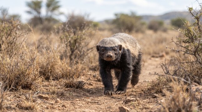 Honey badger walks confidently across the dry arid landscape of a southern african savanna habitat during the day.