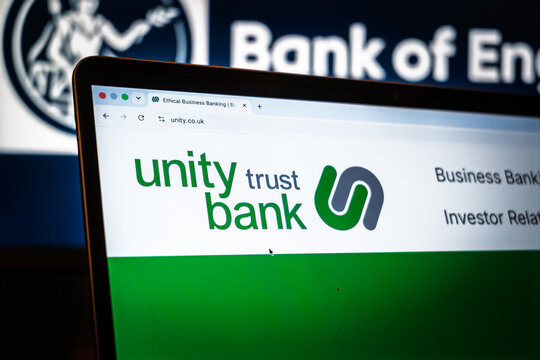 LONDON, UK - JULY 14, 2026: Logo of Unity Trust Bank on their website.Unity Bank is a British ethical business bank and social impact bank from Birmingham .