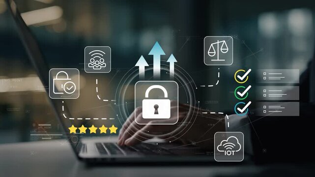 Cloud security operations with animated lock icon, business growth strategy, connected systems protection, compliance monitoring and digital infrastructure management