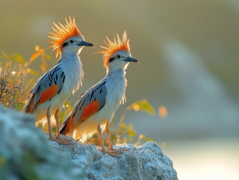 Two striking birds with orange crests perch on a rocky outcropping in the soft light