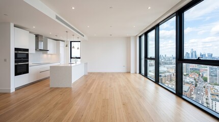 Fototapeta premium Elegant Empty Open Plan Apartment with Modern Kitchen and City View