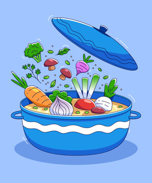 A vibrant illustration of a blue pot brimming with soup, as a variety of fresh vegetables and mushrooms artfully float from its lifted lid. The scene is set against a soft blue backdrop.