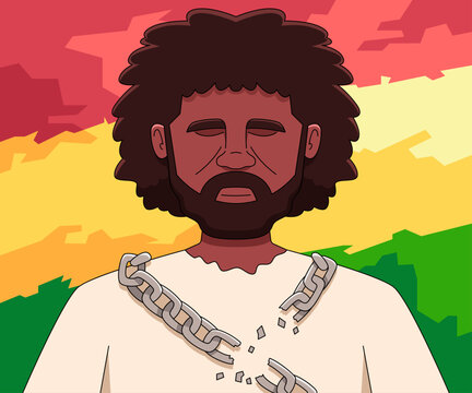 Juneteenth Illustration, A man with a beard and afro-hairstyle, with his eyes closed and head bowed, stands with a broken chain across his chest