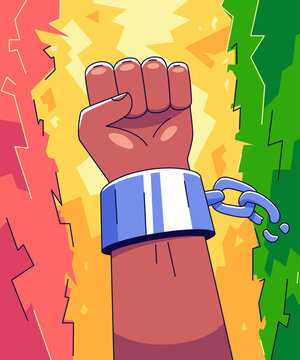 Juneteenth Illustration, A clenched fist wearing a broken chain, symbolizing freedom and liberation against a vibrant, abstract background.