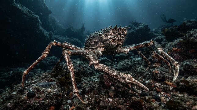 Spider crab patrols the dark and rocky ocean floor under the subtle glow of shifting underwater light beams.