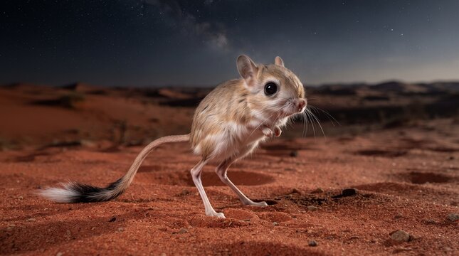 Jerboa stands on its hind legs in the middle of a vast arid desert landscape under a starry night sky.