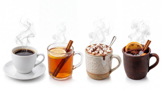 Hot winter beverages set collage, side-by-side comparison of steaming black coffee, herbal tea with lemon, hot cocoa with marshmallows, and mulled wine isolated on a white background.