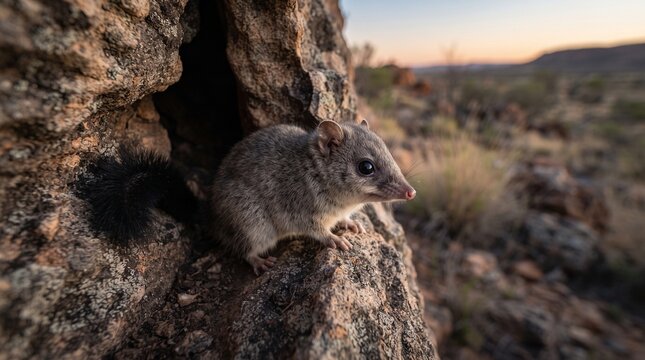 Quoll peers out from the safety of its rocky desert den during the soft light of a golden hour sunset.