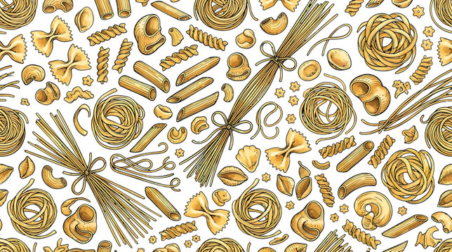 Hand drawn pasta pattern with various noodle shapes including spaghetti penne and farfalle in vector illustration