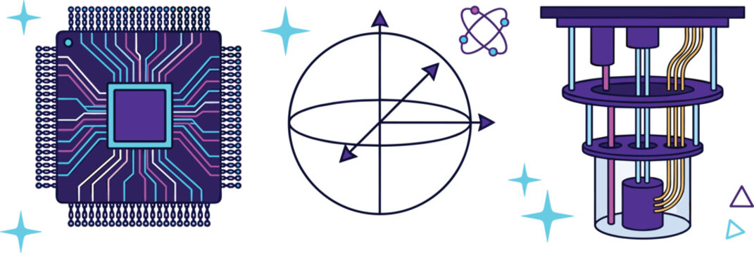 Quantum Computing Vector Icon Set with Processor Microchip Bloch Sphere and Cryogenic Refrigerator Hardware Design Elements