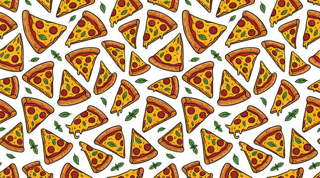 Seamless pattern of pepperoni pizza slices with fresh basil leaves on a white background vector illustration