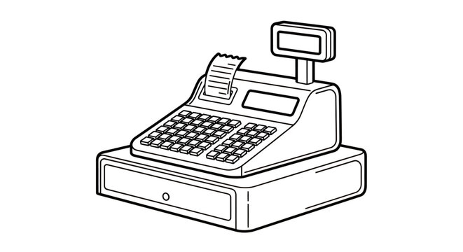 Vintage line drawing of a cash register used at a checkout counter in a retail setting.
