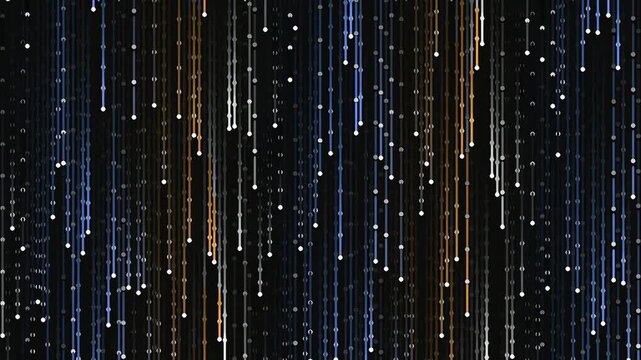 Abstract futuristic background with glittering vertical light trails and digital data stream in blue and gold colors