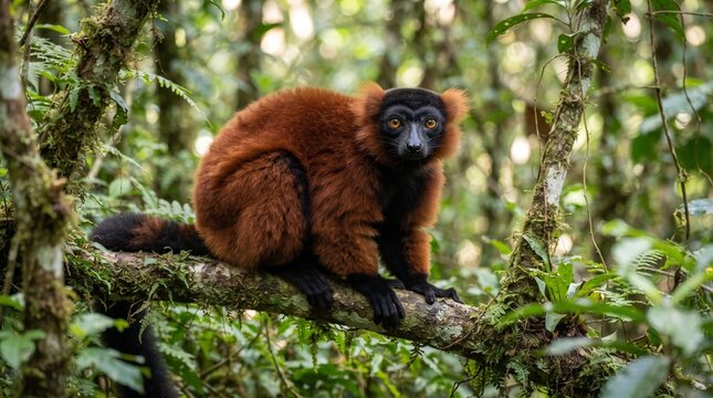 Red ruffed lemur rests on a mossy branch within the dense canopy of a lush rainforest habitat in Madagascar.