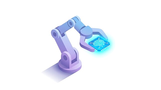 Futuristic robotic arm holding glowing digital screen in clean workspace.