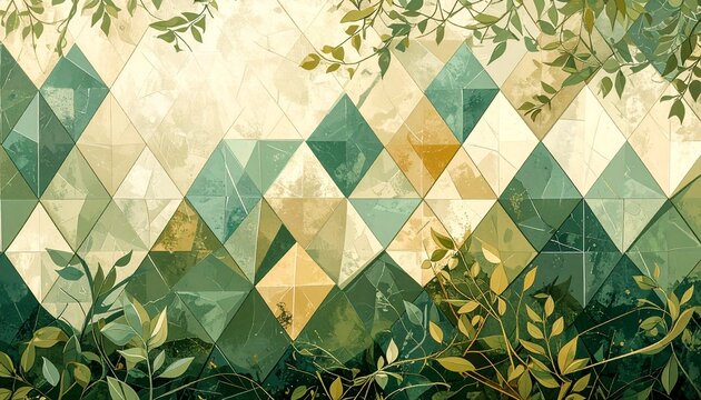 Geometric mosaic background with triangular and diamond tessellation patterns. Abstract seamless texture of overlapping muted green and beige shape...