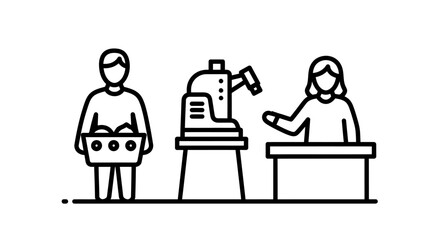 Fototapeta premium Two people operate a small market stall with a grinder and counter, depicting a simple cafe or shop scene in monochrome line art.