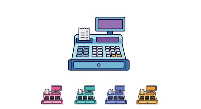 Colorful cash register icon with stacked blocks representing sales and transactions in a retail context.